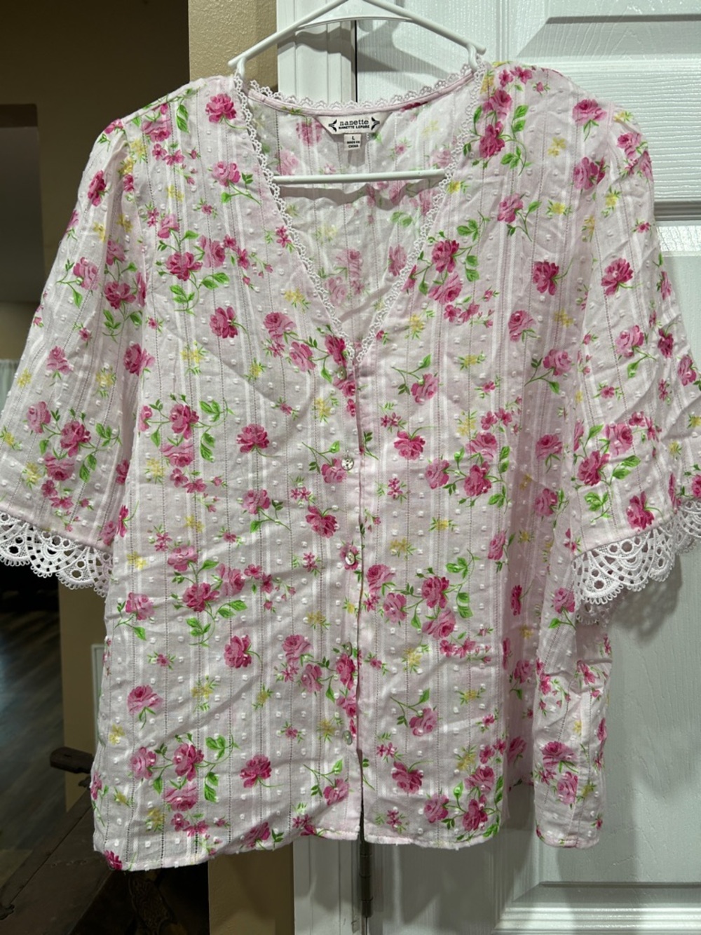 Nanette Lepore White Pink Floral Lace-Trim Blouse
